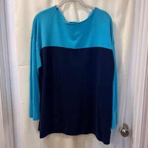 Chaps Color Block‎ Turquoise Navy Long Sleeve Sweater Tunic Casual Comfort-1X